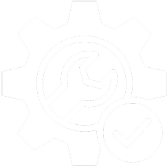 A white gear with a wrench inside and a check mark on the side, symbolizing settings or tools with confirmation.